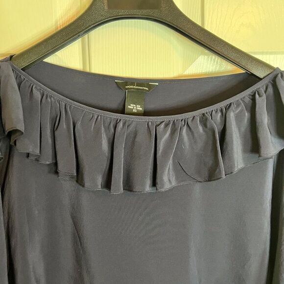 Moda International Womens Ruffled Silk Navy Blouse Size XS 3/4 Sleeve Flowy Work - Picture 5 of 6